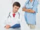 Concentrated male doctor reading reports beside a nurse in the medical office